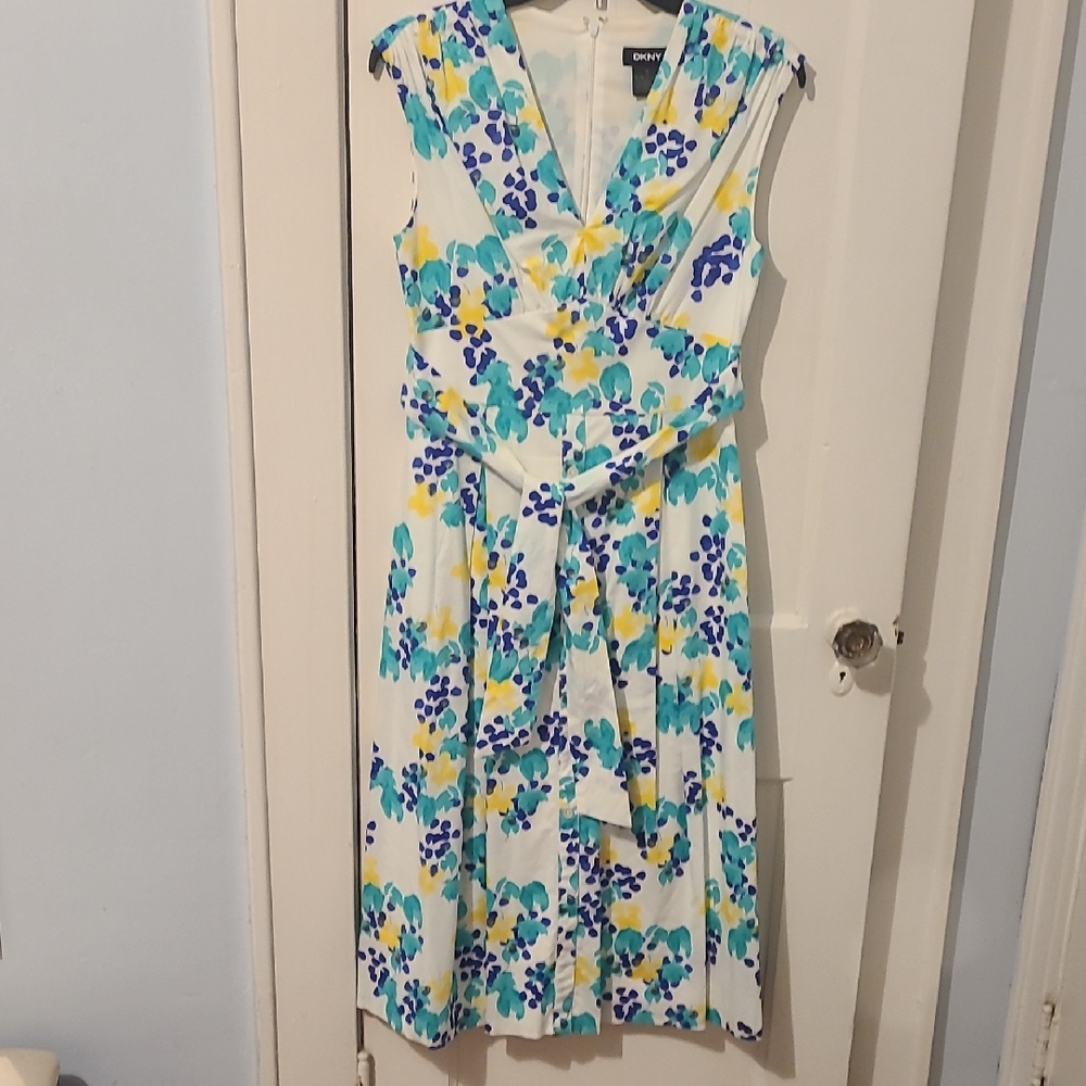 DKNY Vibrant Floral Midi Dress - Blue, Yellow, and Green